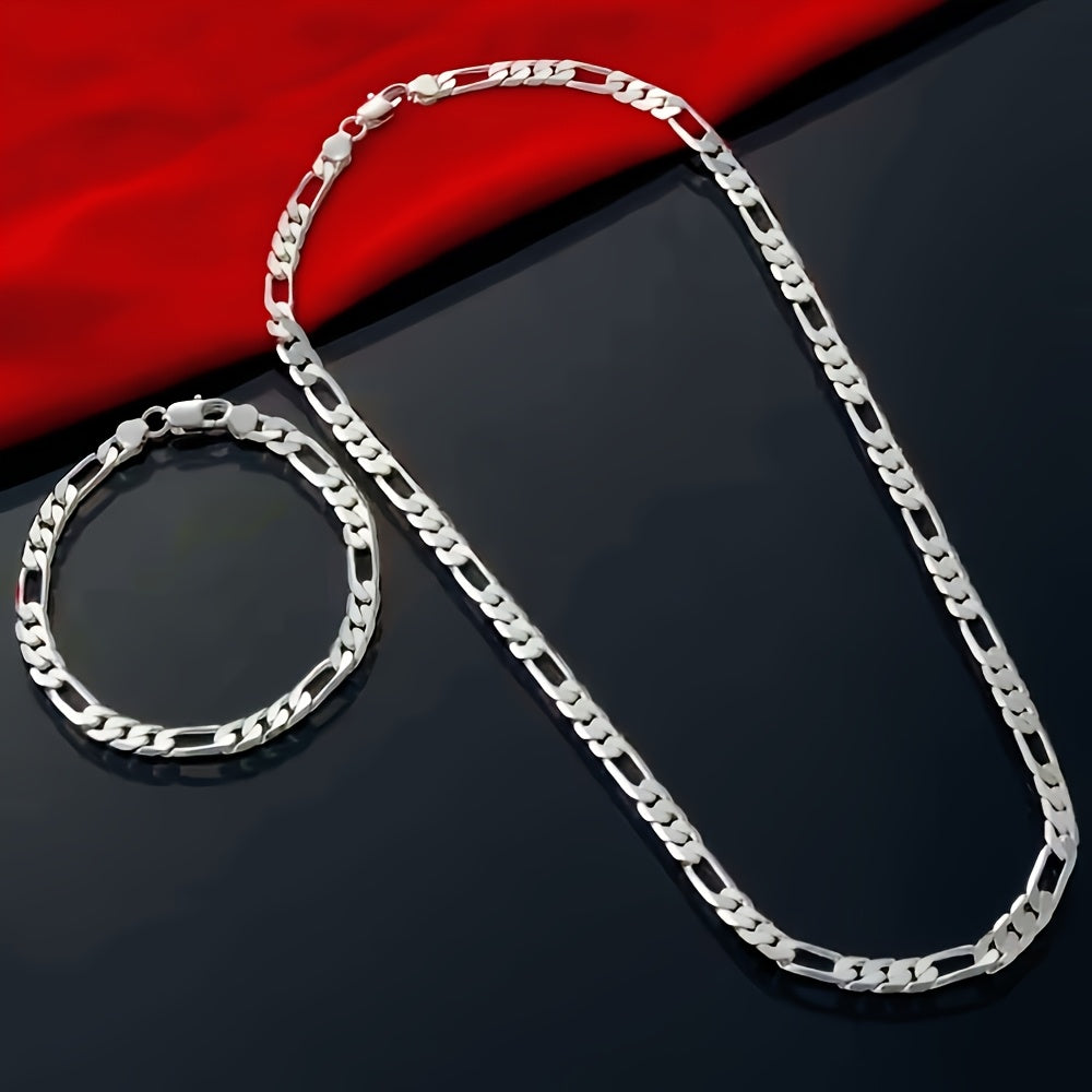 925 Sterling Silver Bracelet & Necklace Jewelry Set 2pcs Unisex – Hip Hop Chain Link Design for Men & Women Hypoallergenic Matching Couple Jewelry Christmas Wedding Anniversary Birthday Gift