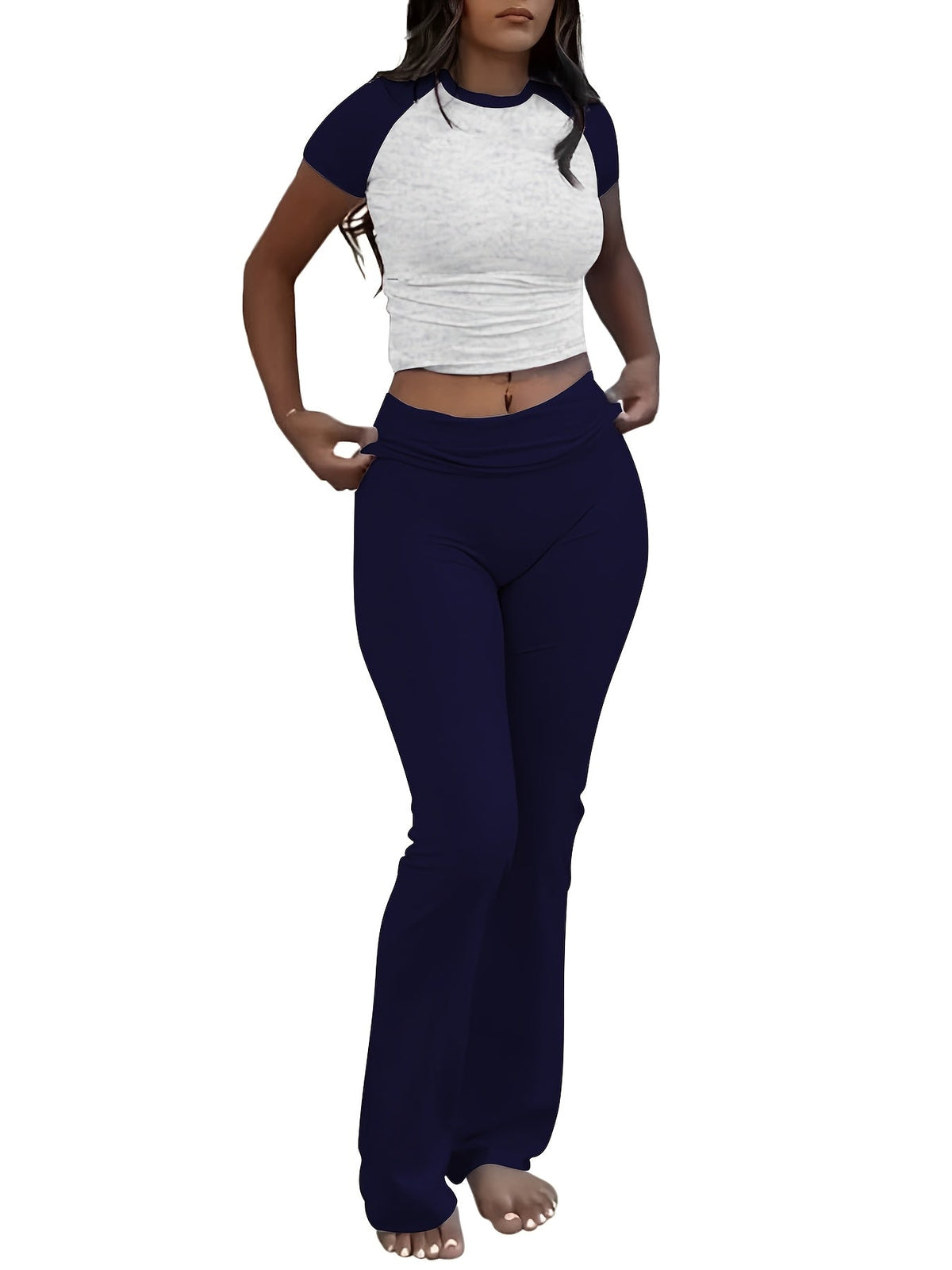 Women's Two-Piece Outfit Set Slim Fit Crew Neck Short Sleeve Tee & Skinny Flared Leg Pants – Casual Solid Color Matching Loungewear Tracksuit 9 Colors XS-XL