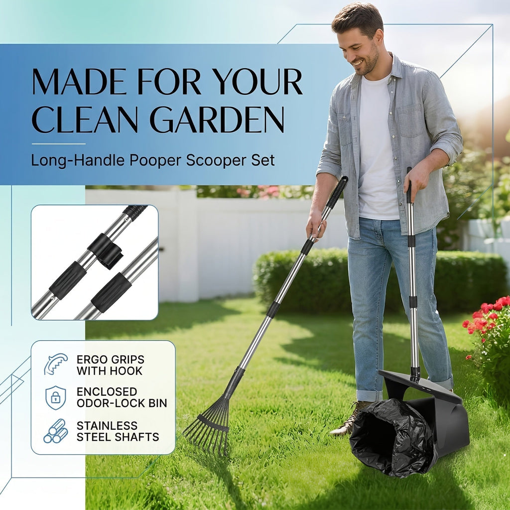 Heavy Duty Dog Pooper Scooper Set with Swivel Bin, Rake & Spade – Long Handle No-Bend Pet Waste Removal for Grass, Dirt & Gravel, 40 Waste Bags Included, Large Dogs
