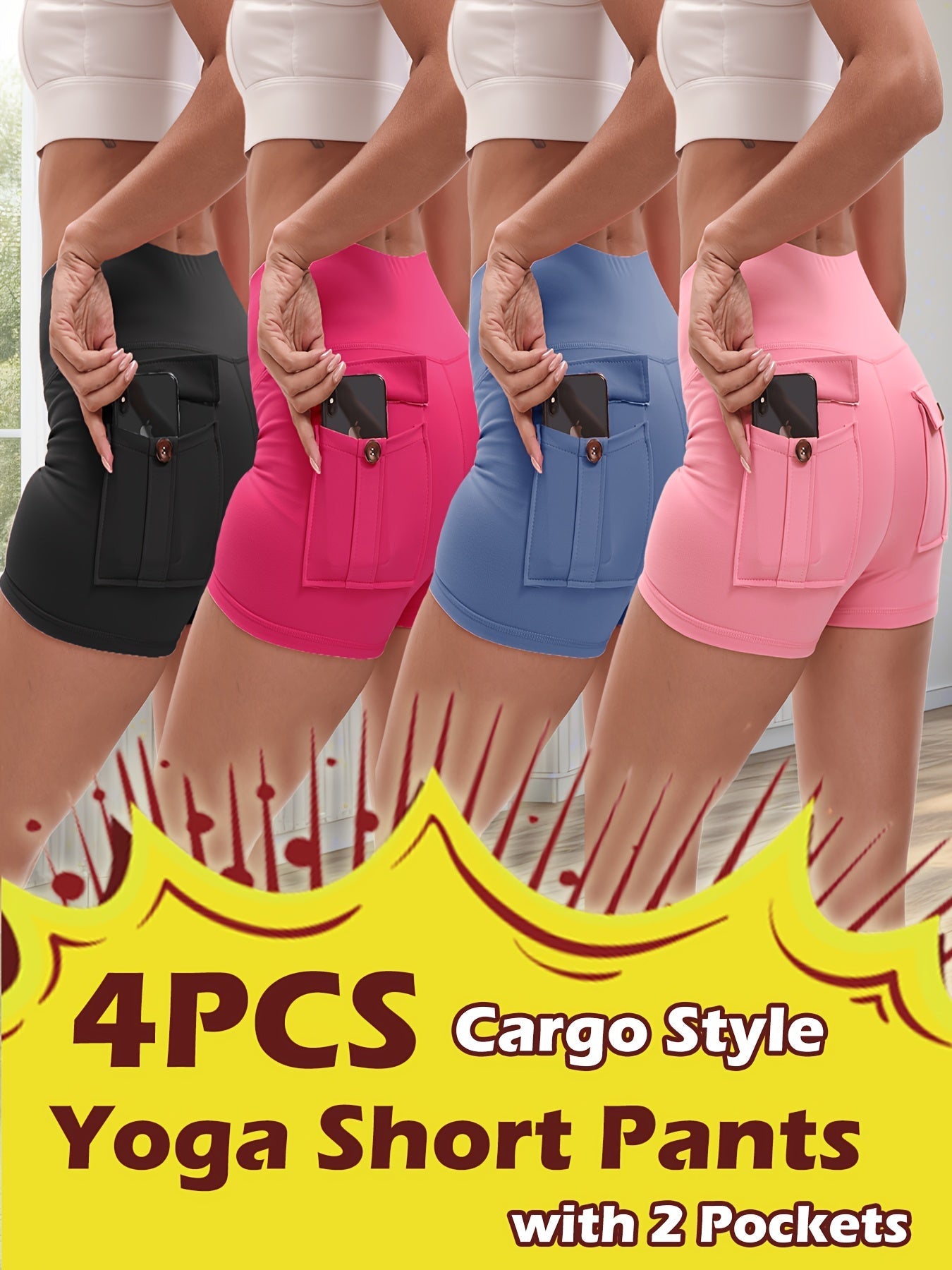 Women's Yoga Shorts 4 Pack High-Stretch Hip Lifting Quick-Dry – Fitness Athletic Shorts with Elastic Waist & 2 Pockets for Gym Running Pilates, Solid Color Set S-XXL