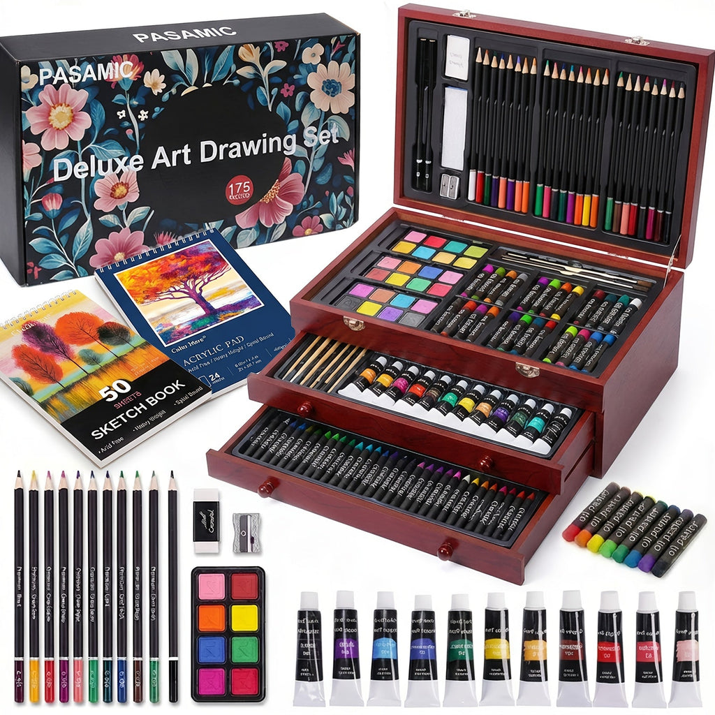 175-Piece Deluxe Art Set in Wooden Case – Professional Art Kit with 2 Drawing Pads, Crayons, Acrylic Paints & Colored Pencils, All-in-One Paint Supplies Gift for Kids & Adults, Cherry Pink Purple Blue Wood Brown