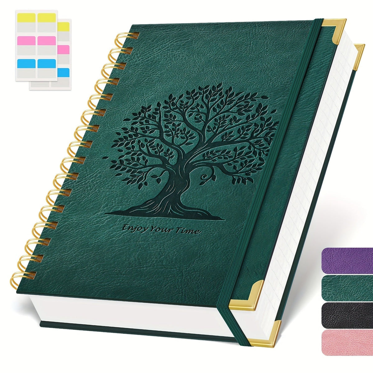 A5 Spiral Notebook Hardcover 300 Pages – Thick 100GSM No Bleed-Through Paper, Leather Cover Journal for College, Work & Writing – For Men & Women (Pink, Black, Green, Purple)