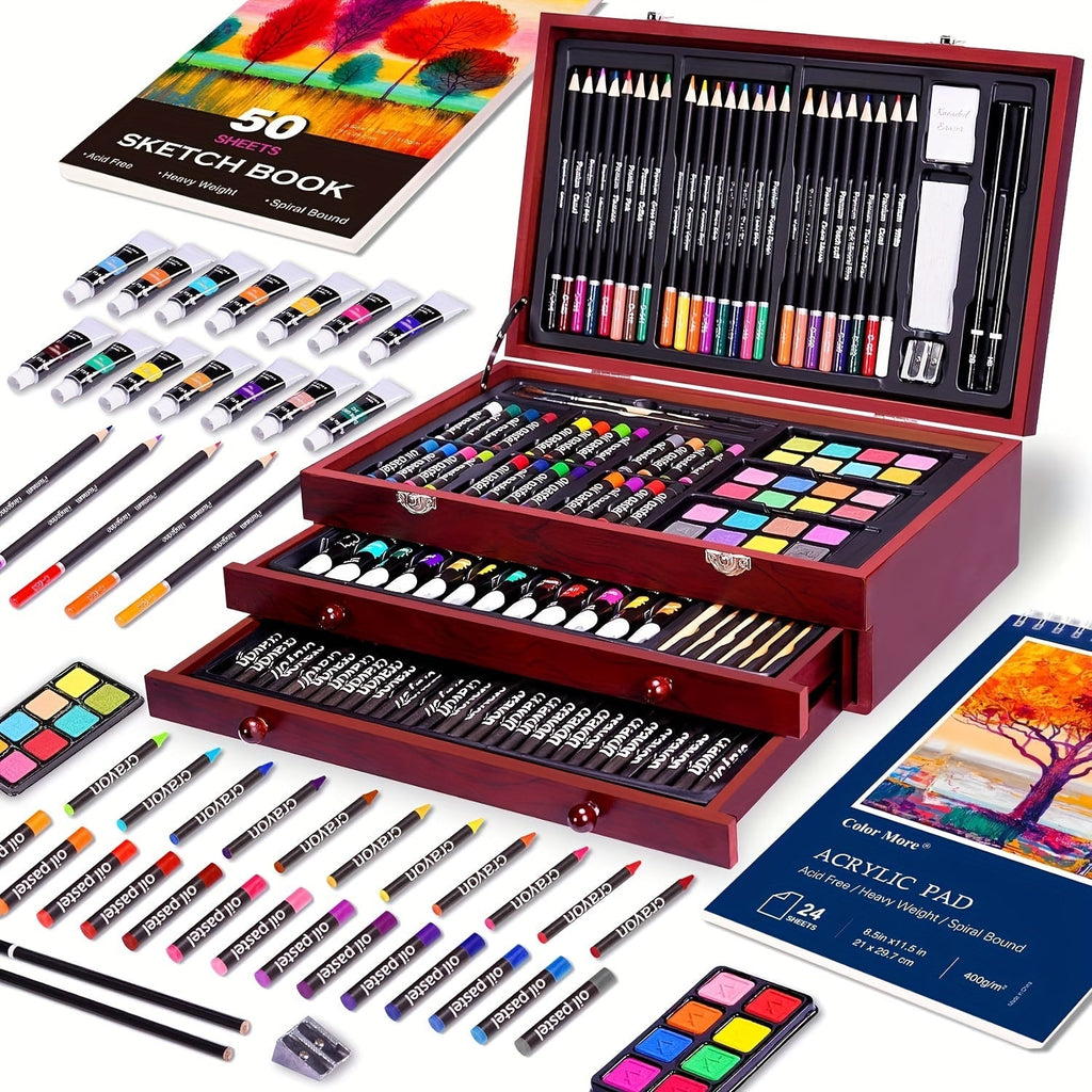 175-Piece Deluxe Art Set in Wooden Case – Professional Art Kit with 2 Drawing Pads, Crayons, Acrylic Paints & Colored Pencils, All-in-One Paint Supplies Gift for Kids & Adults, Cherry Pink Purple Blue Wood Brown