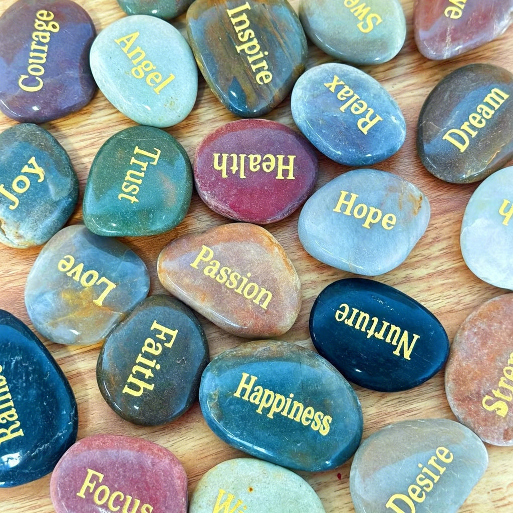 25pcs Engraved Inspirational Stones Set – Laser Engraved Golden Motivational Word Rocks Hand-Polished Mixed Color Natural Stones Home Decor Garden Prayer Meditation Gift for Friends Family