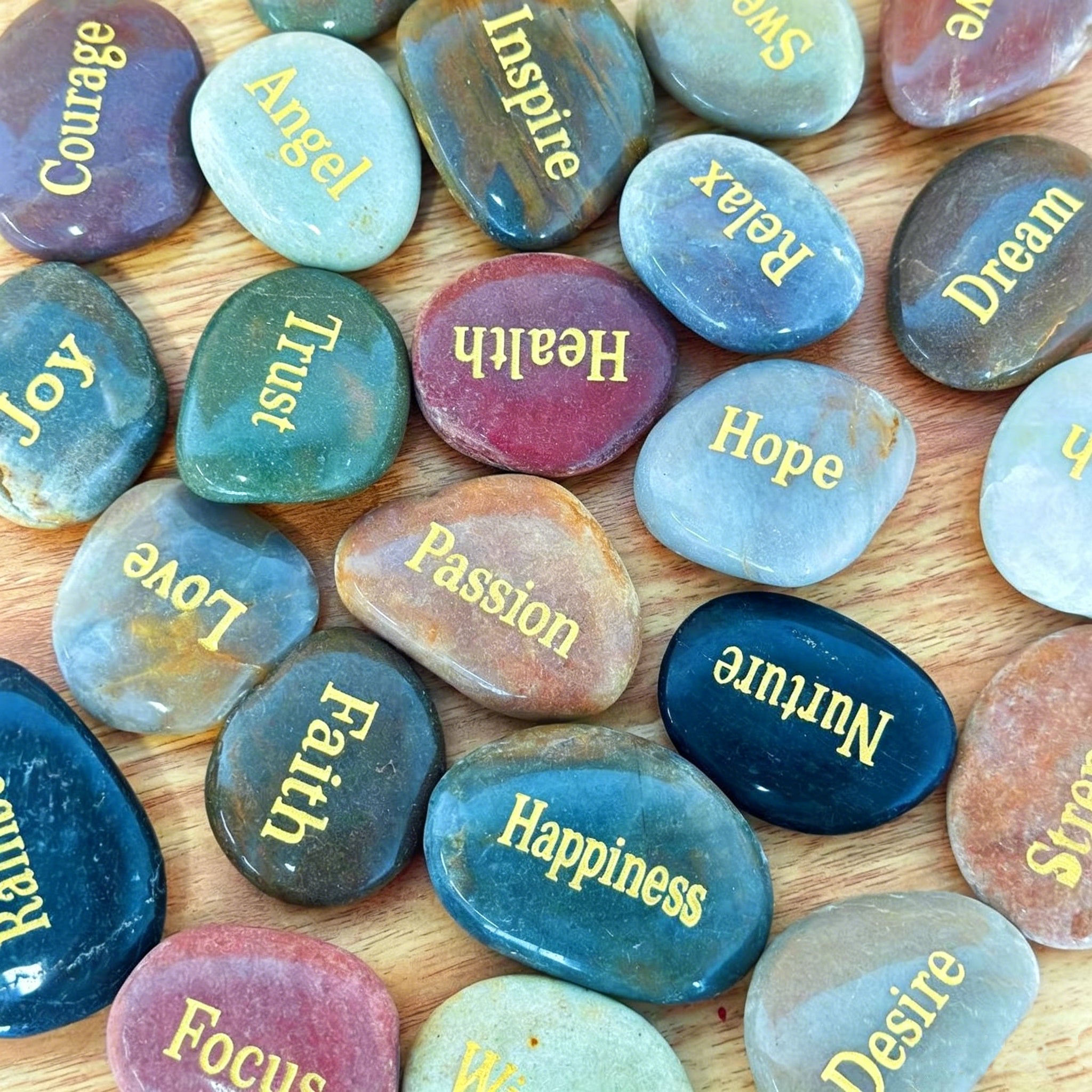 25pcs Engraved Inspirational Stones Set – Laser Engraved Golden Motivational Word Rocks Hand-Polished Mixed Color Natural Stones Home Decor Garden Prayer Meditation Gift for Friends Family