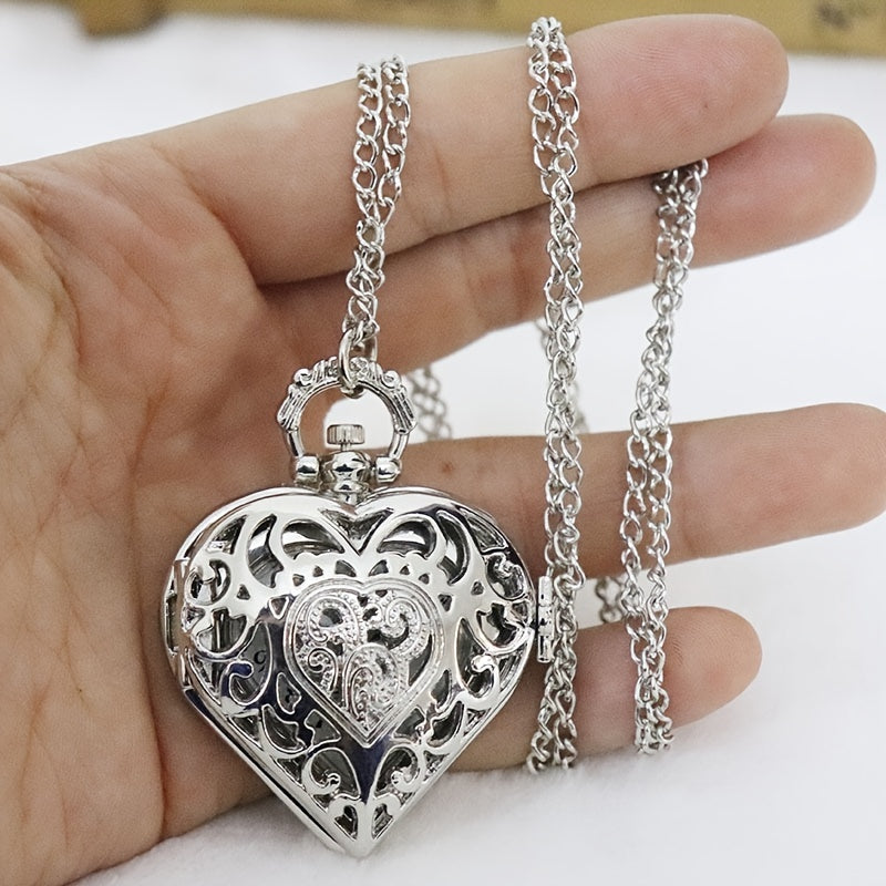 Heart Shaped Pocket Watch Necklace for Women Vintage – Romantic Hollow Quartz Pendant Sweater Chain Silver Tone Retro Jewelry, Perfect Mother's Day Valentine's Birthday Gift for Her
