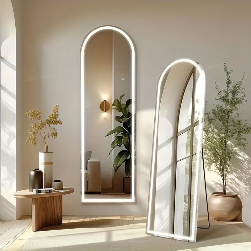 Full Length Floor Mirror with LED Lights - Arched & Rectangle Top, Aluminum Frame, 71" Standing Dressing Mirror for Bedroom & Living Room, Black Gold White, 5mm Tempered Glass