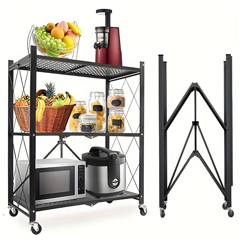 3 Layer Heavy Duty Foldable Metal Storage Rack with Wheels 750 LBS – Movable Rolling Shelving Unit for Garage Kitchen Warehouse Basement & Home Organization