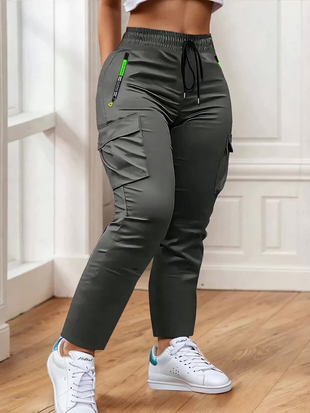 Multi-Pocket Cargo Pants Women Neon Green Zipper Accents Drawstring Waist Full-Length Outdoor Travel Trousers 4 Colors XS-XXL Streetwear