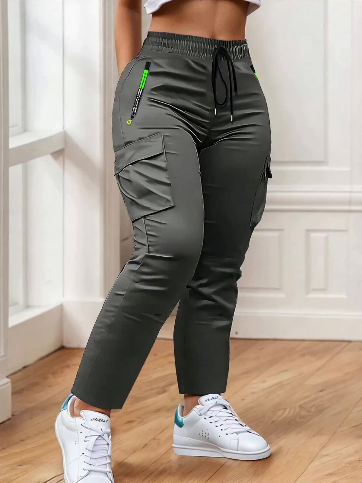 Multi-Pocket Cargo Pants Women Neon Green Zipper Accents Drawstring Waist Full-Length Outdoor Travel Trousers 4 Colors XS-XXL Streetwear