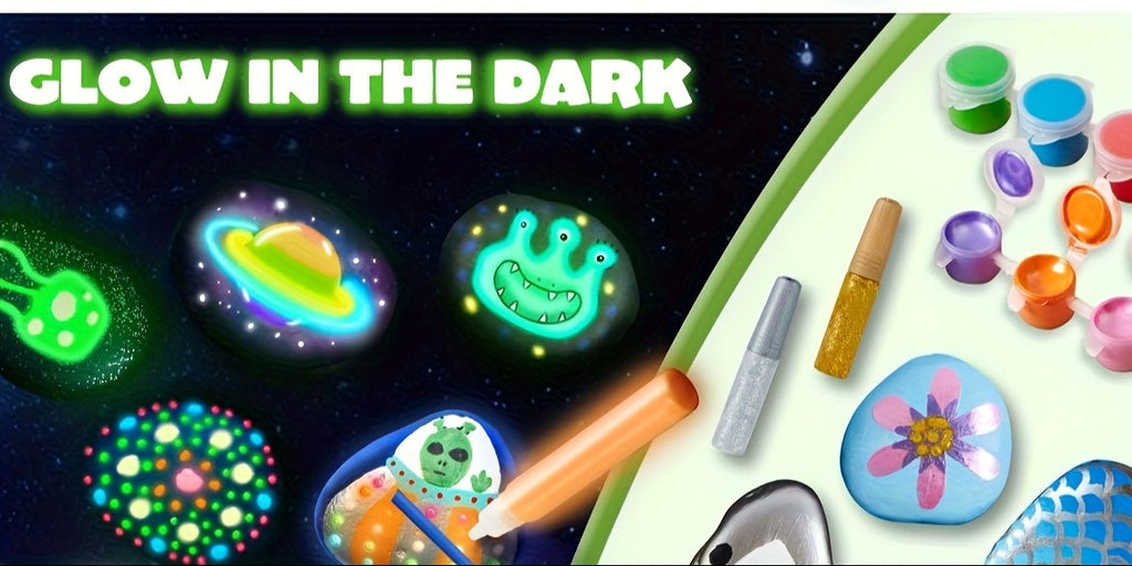 Glow in the Dark Stone Painting Kit for Kids – DIY Rock Art Craft Set with Luminescent Paint, Creative Outdoor Indoor Activity Gift for Boys Girls Birthday Party, Graffiti Painting Toy