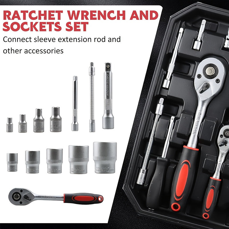 52 Piece Professional Tool Set with Portable Toolbox Multi-Functional Home Car Repair Kit for DIY Enthusiasts Homeowners Mechanics Gift for Men Red Standard Black White