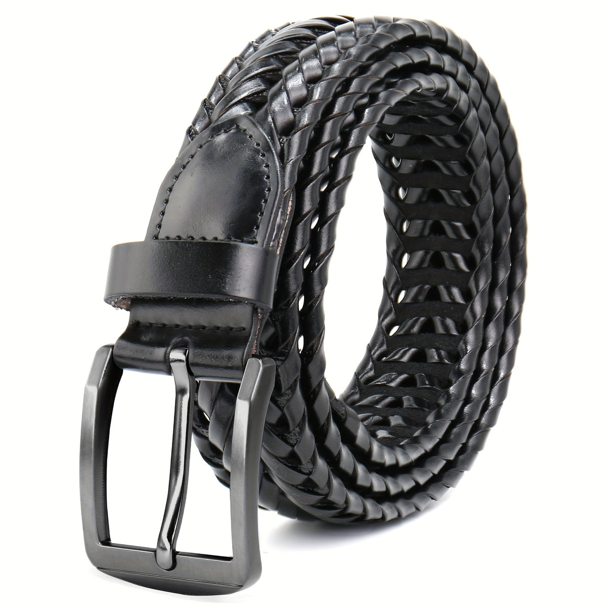 Men's Leather Braided Belt – Woven Hollow Design with Gold Zinc Alloy Buckle, Casual Dress Belt for Golf Pants Jeans Everyday Wear, Sizes 34" to 50", Great Gift for Dad