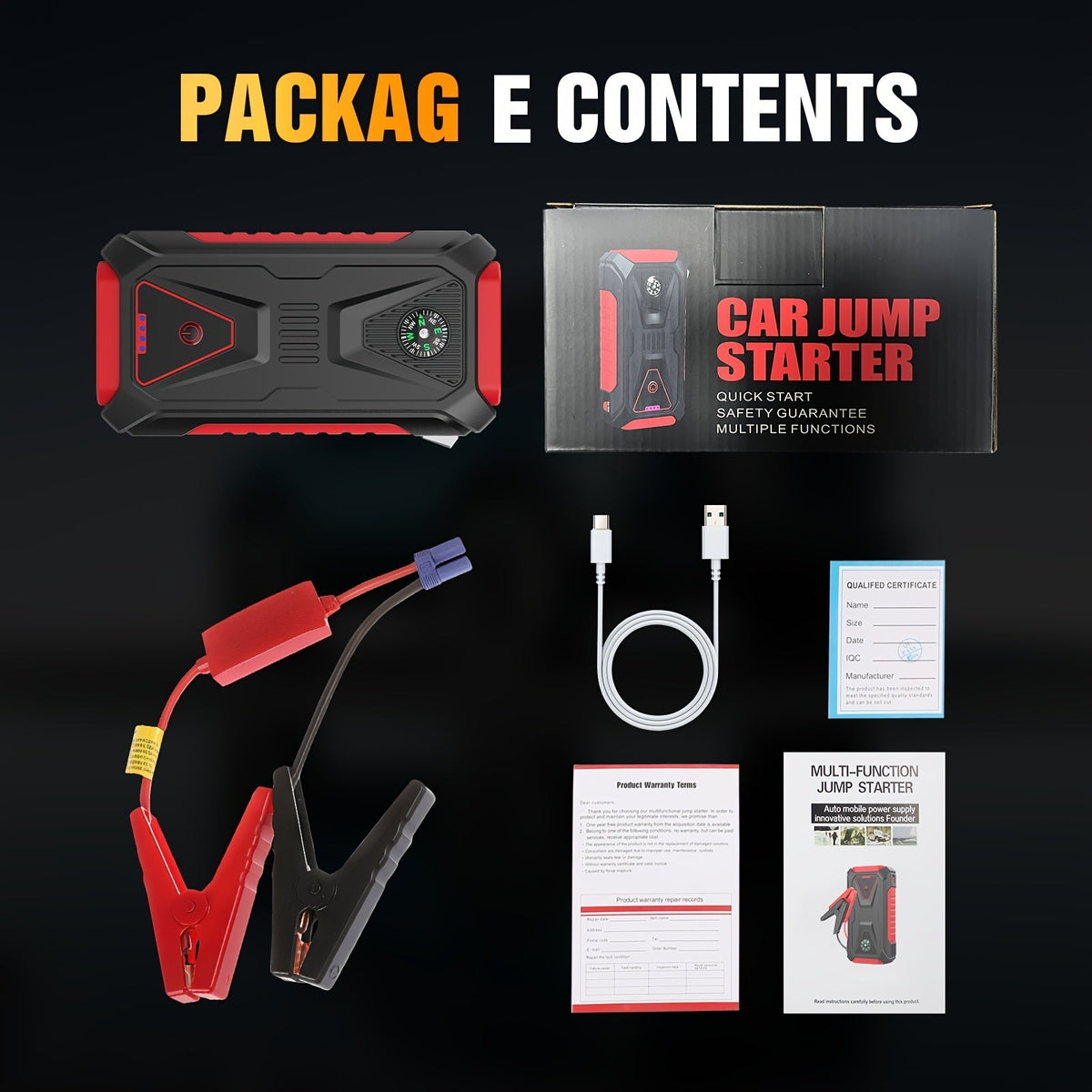 5000A Peak Jump Starter 12V Portable Car Battery Starter for Gas & Diesel Engines – LED Flashlight, SOS Light, Safety Hammer, Compass & USB Power Bank, 74WH Lithium Battery