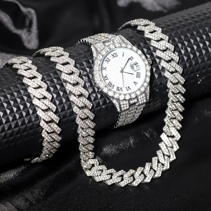 Men's Hip Hop Rhinestone Bling Watch Set with Waterfall Chain Bracelet & Necklace – Sparkling Quartz Watch Jewelry Set for Men 3pc & 5pc Perfect Holiday Gift
