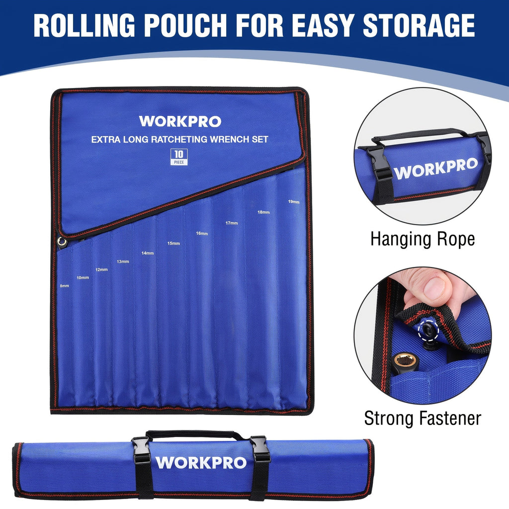 WORKPRO 10pc Extra Long Ratcheting Wrench Set – Anti-Slip Double Box Wrenches Metric 8-19mm, 72-Teeth Cr-V Steel, Black Electrophoretic Coating, Rolling Pouch Included, Professional Hand Tool Kit
