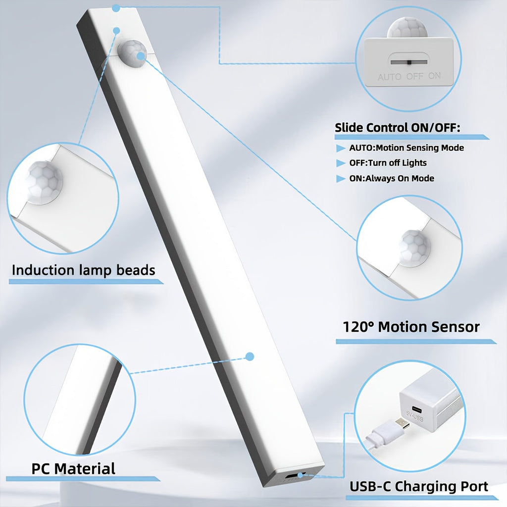 Smart LED Motion Sensor Lights 6 Pack – USB Rechargeable Magnetic Night Light Strips 3 Sizes, Detachable Cabinet Lights for Stairs, Shelves, Closet & Indoor Use
