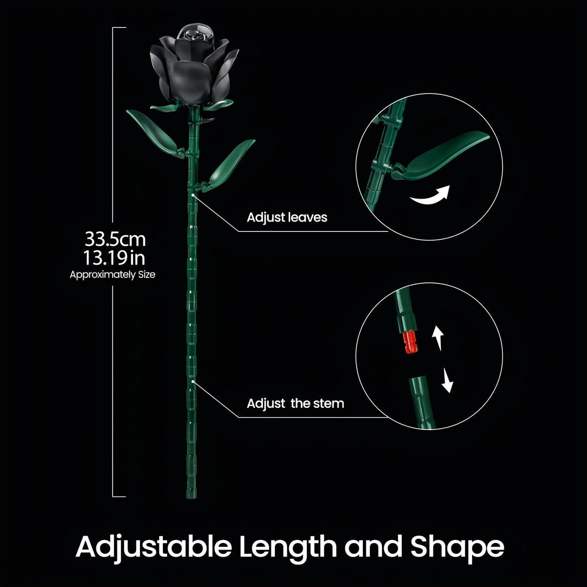 Gothic Black Rose 3D Building Brick Set 152 Pieces Artificial Flower Bouquet Display Model Kit Three Black Roses Unique Gift for Adults Teens Valentine Birthday Halloween Christmas
