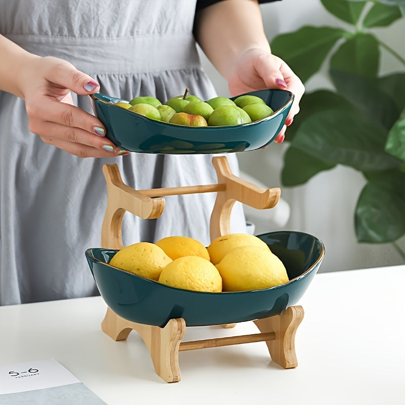 2-3 Tier Fruit Bowl Stand for Kitchen Counter – Tiered Fruit Basket with Bread Tray & Candy Display, Space-Saving Countertop Organizer for Living Room, Easy Assembly, Great Birthday & Mother's Day Gift (White/Green)
