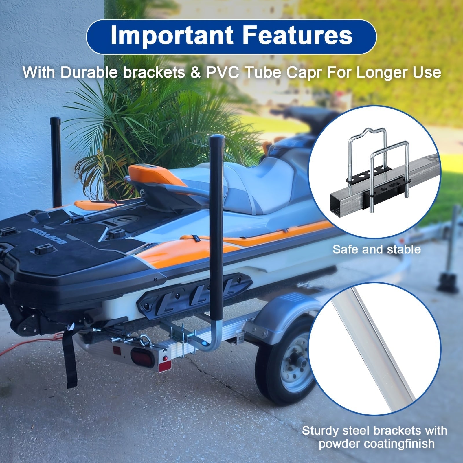 L-Shaped Adjustable Boat Trailer Guide Poles 31–60" – Galvanized Stainless Steel with Black PVC Sleeves, Corrosion-Resistant Trailer Guide Ons for Ski Boat Fishing Boat Sailboat, Black or White