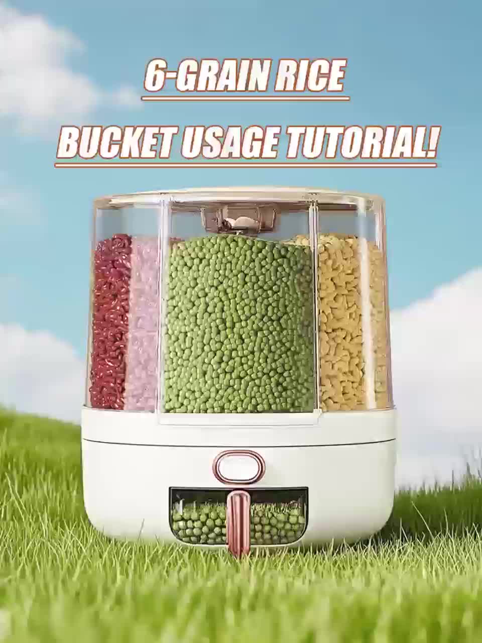 Rotating Cereal Dispenser 6-Grid Large Capacity Airtight Rice Storage Container, Moisture-Proof Insect-Proof Grain Dispenser with Transparent Window & Press Button, Food-Grade PP for Rice Grains Flour