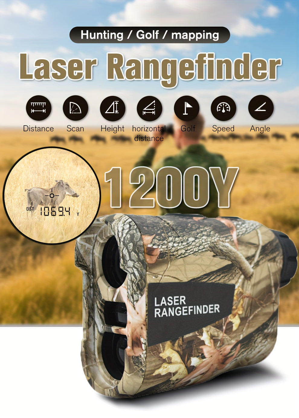 Laser Rangefinder 1200 Yards 6X Magnification Rechargeable – Slope Compensation Flagpole Lock Speed & Altitude Measurement Golf & Hunting Camo Rangefinder with Unit Conversion, LA12 Model
