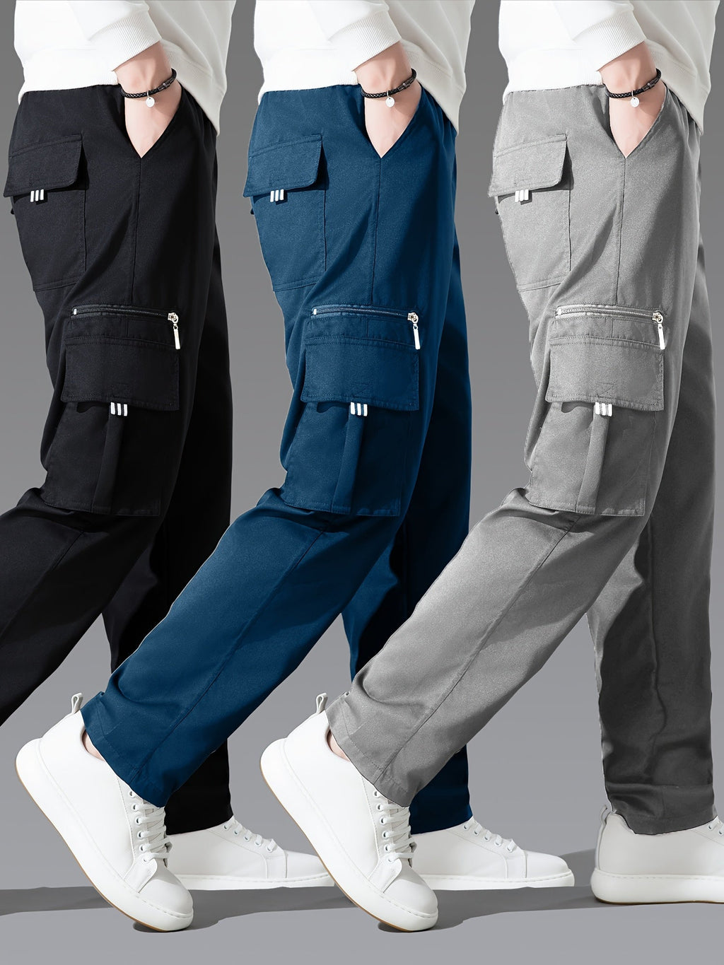 Men's Cargo Pants 3-Pack Multi-Pocket Regular Fit – Solid Color Polyester Woven Hiking Outdoor Pants for Spring & Fall, Sizes S-XXXL, 9 Color Combos