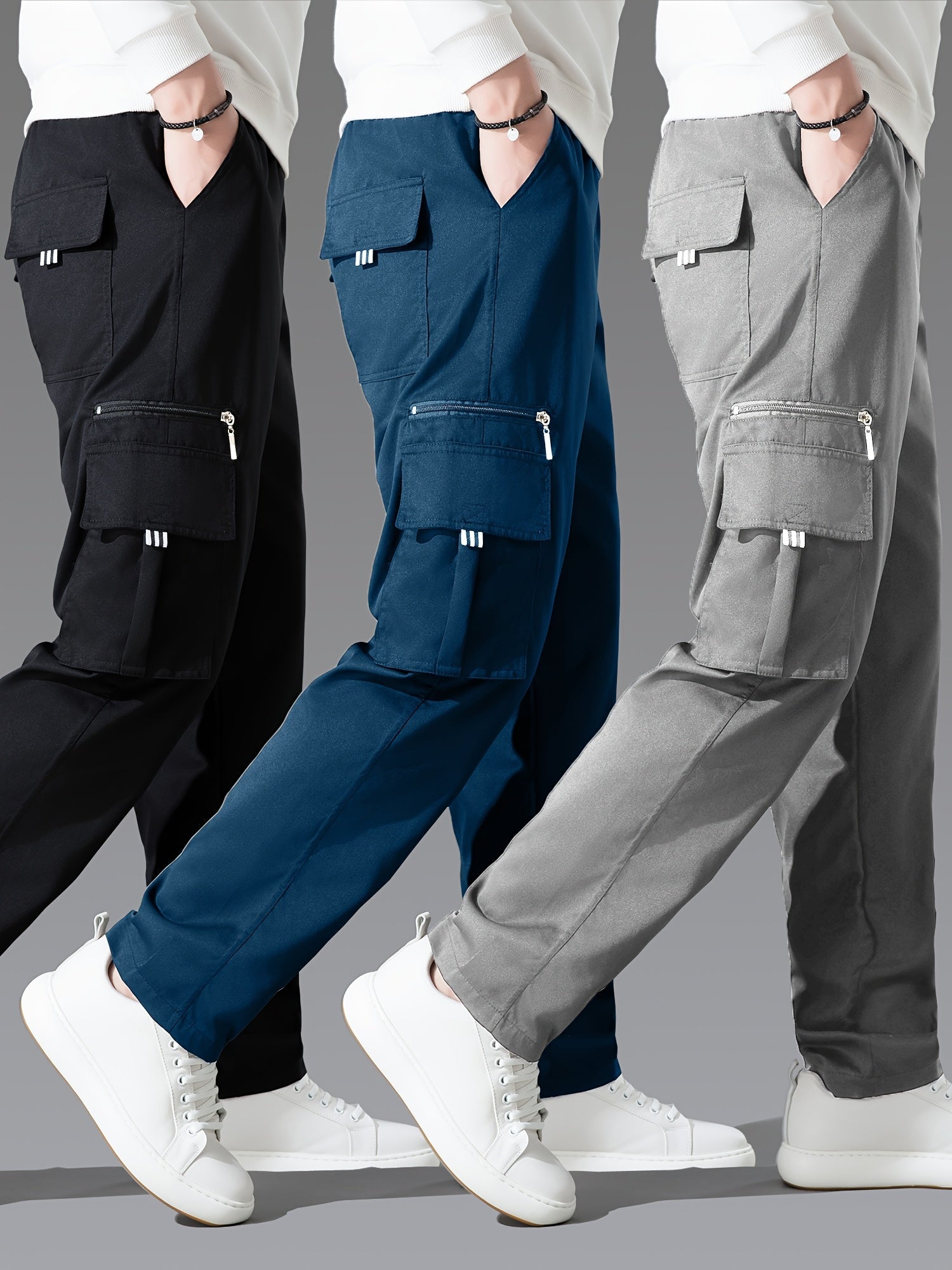 Men's Cargo Pants 3-Pack Multi-Pocket Regular Fit – Solid Color Polyester Woven Hiking Outdoor Pants for Spring & Fall, Sizes S-XXXL, 9 Color Combos