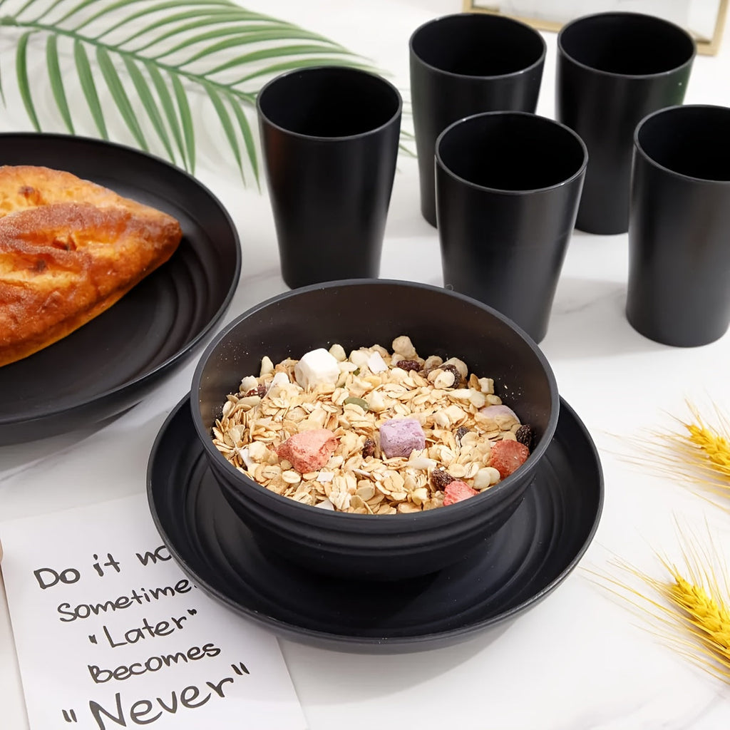 Wheat Straw Dinnerware Set 12/24/36 Piece with Multicolor Option – Reusable Eco-Friendly Unbreakable Plates Bowls & Cups, Dishwasher & Microwave Safe for Camping Picnic Party Outdoor Everyday Use