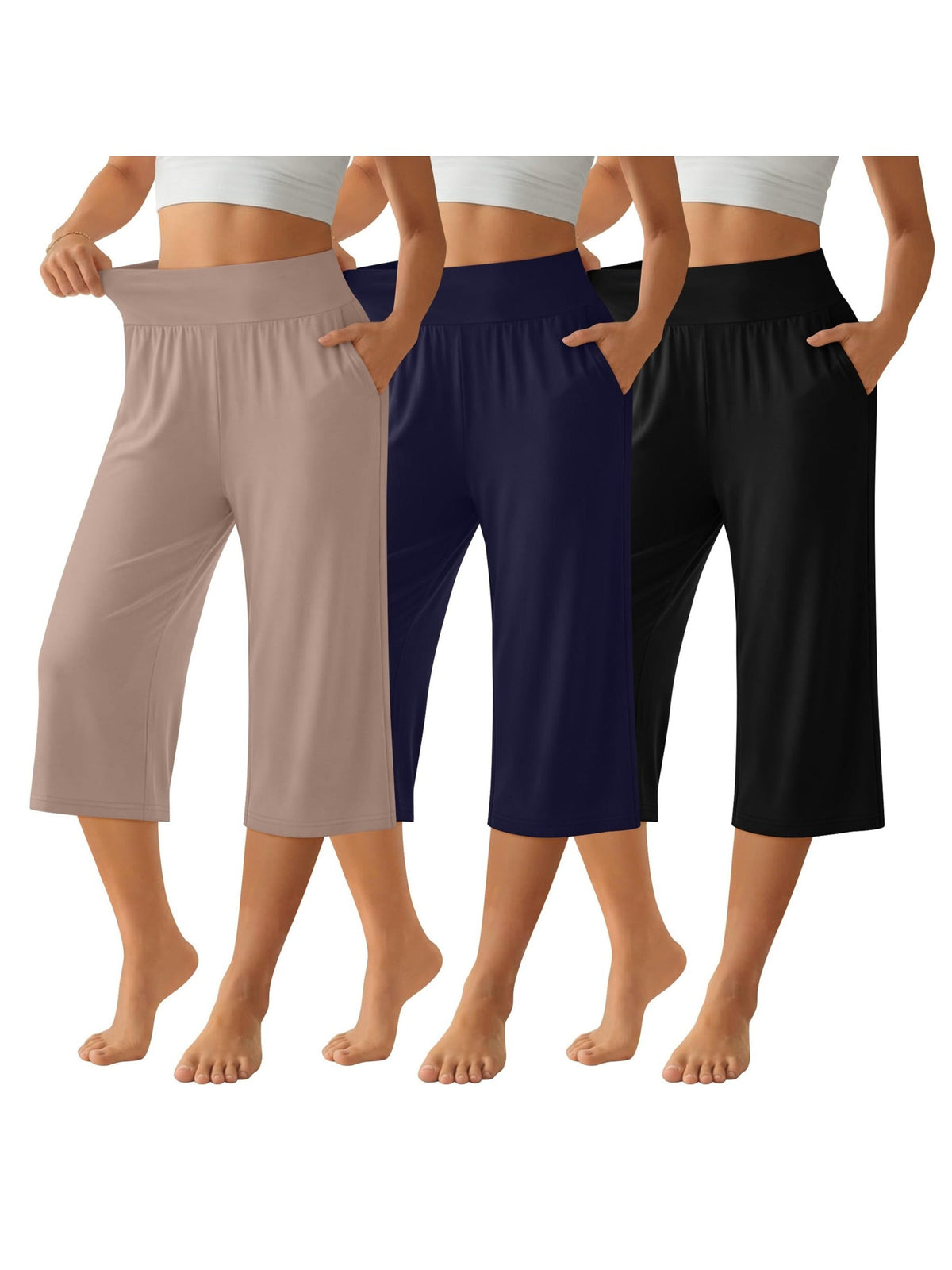 Women's Capri Pants 3-Pack – Loose Lounge Cropped Sweatpants Joggers with Pockets & Elastic Waist, Yoga Capri for Spring Summer Fall Casual Weekend Wear