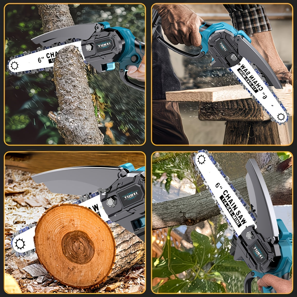 Mini Cordless Chainsaw Portable Handheld Electric Tree Cutter with Splash Guard Security Lock Rechargeable Battery for Garden Yard Branch Pruning