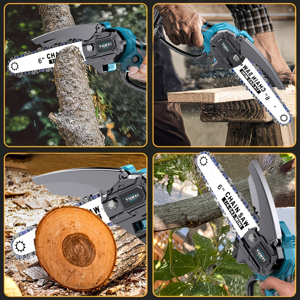 Mini Cordless Chainsaw Portable Handheld Electric Tree Cutter with Splash Guard Security Lock Rechargeable Battery for Garden Yard Branch Pruning