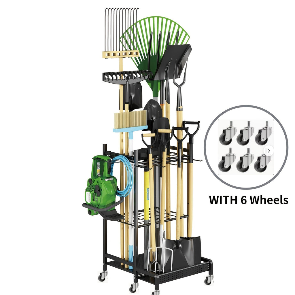 Garden Tool Organizer for Garage Heavy Duty Metal Rack with Hooks – Freestanding Yard Tool Stand Holder for Long-Handled Brooms, Shovels, Rakes & Outdoor Tools, Black Storage Rack