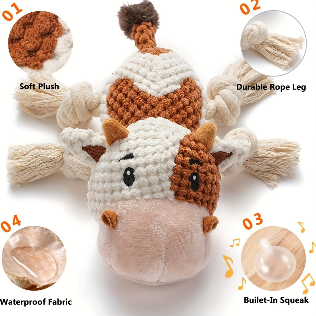 Squeaky Cow Dog Toy Plush Interactive Tug-of-War Rope with Crinkle Paper IQ Training Chew Toy for Small Medium Large Dogs Anxiety Relief Boredom Buster No Battery Needed