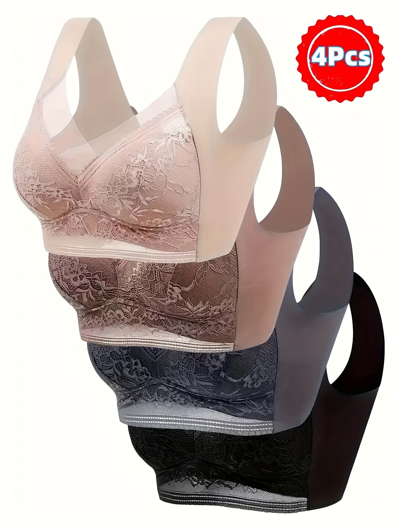4 Pack Lace Ice Silk Bra Vest for Women – Wire-Free Gathered Support Traceless Seamless Camisole Bra with Beautiful Back Design, Breathable Thin Underwear S-XXL, 2 Multicolor Sets