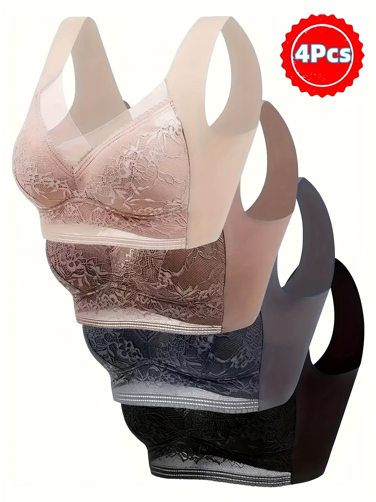4 Pack Lace Ice Silk Bra Vest for Women – Wire-Free Gathered Support Traceless Seamless Camisole Bra with Beautiful Back Design, Breathable Thin Underwear S-XXL, 2 Multicolor Sets