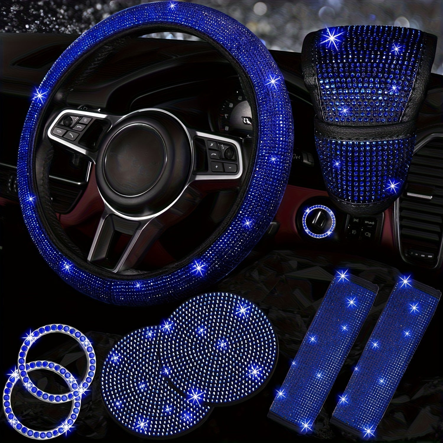 8pc Rhinestone Bling Car Accessories Set for Women – Steering Wheel Cover, Coasters, Seatbelt Pads, Starter Rings & Shift Knob Cover, 7 Colors, Sparkly Glitter Interior Kit