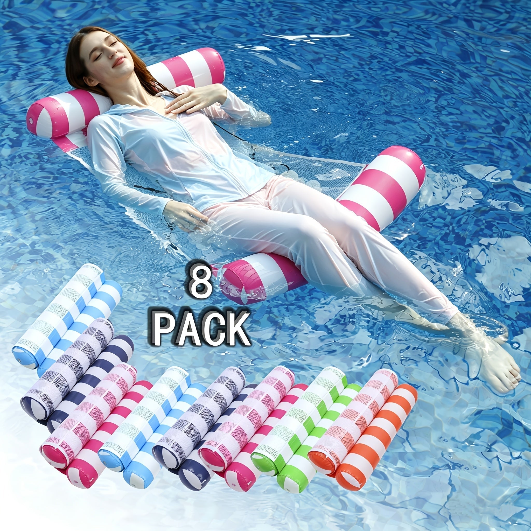 4-in-1 Inflatable Pool Float Lounger for Adults Hammock Raft Exercise Saddle Striped Colorful Swimming Ring Floating Bed for Pool Lake Beach 5-Pack and 8-Pack Options