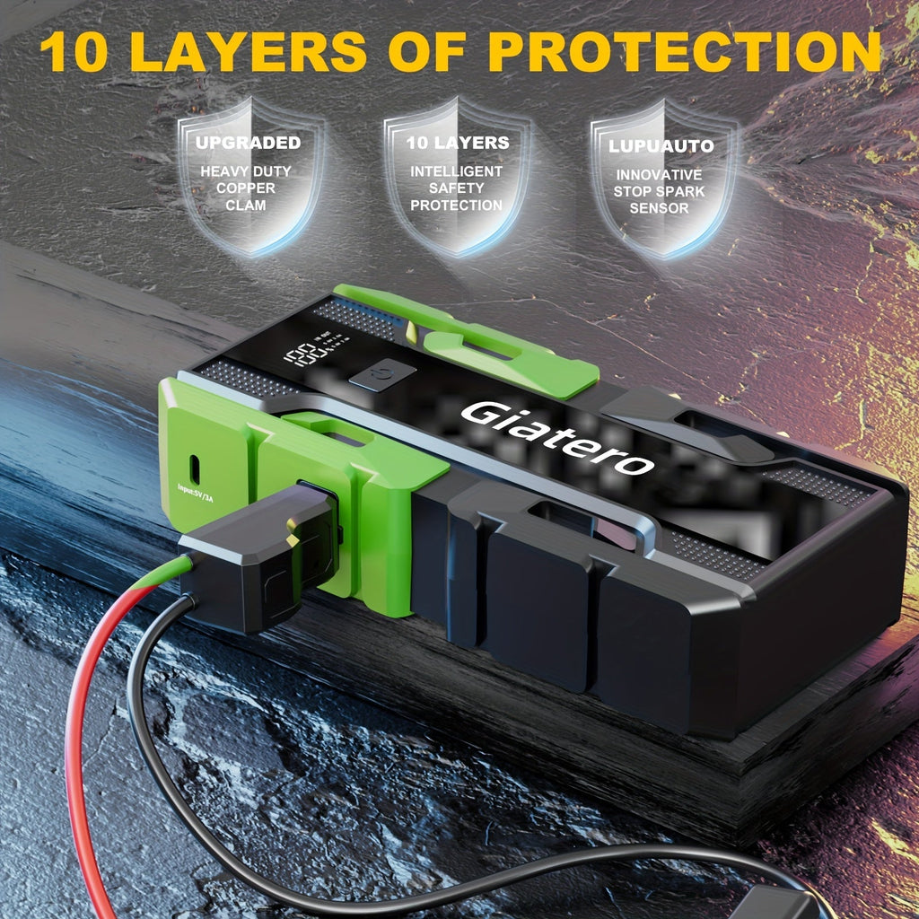 12V Portable Car Jump Starter with Built-In Air Compressor Tire Inflator – Emergency Battery Booster for Gas (3.7 Gal) & Diesel (3.17 Gal) Engines, Trucks & Cars Emergency Starter Power Supply