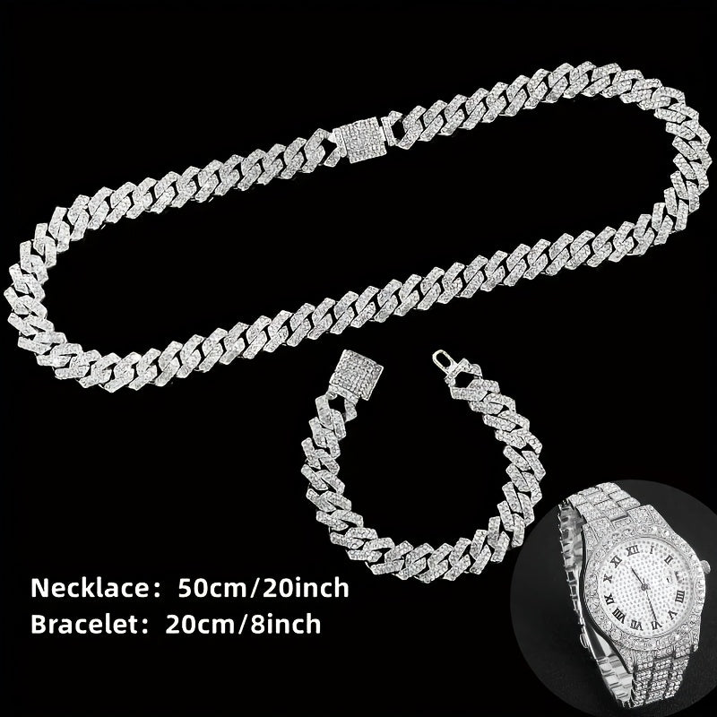 Men's Hip Hop Rhinestone Bling Watch Set with Waterfall Chain Bracelet & Necklace – Sparkling Quartz Watch Jewelry Set for Men 3pc & 5pc Perfect Holiday Gift