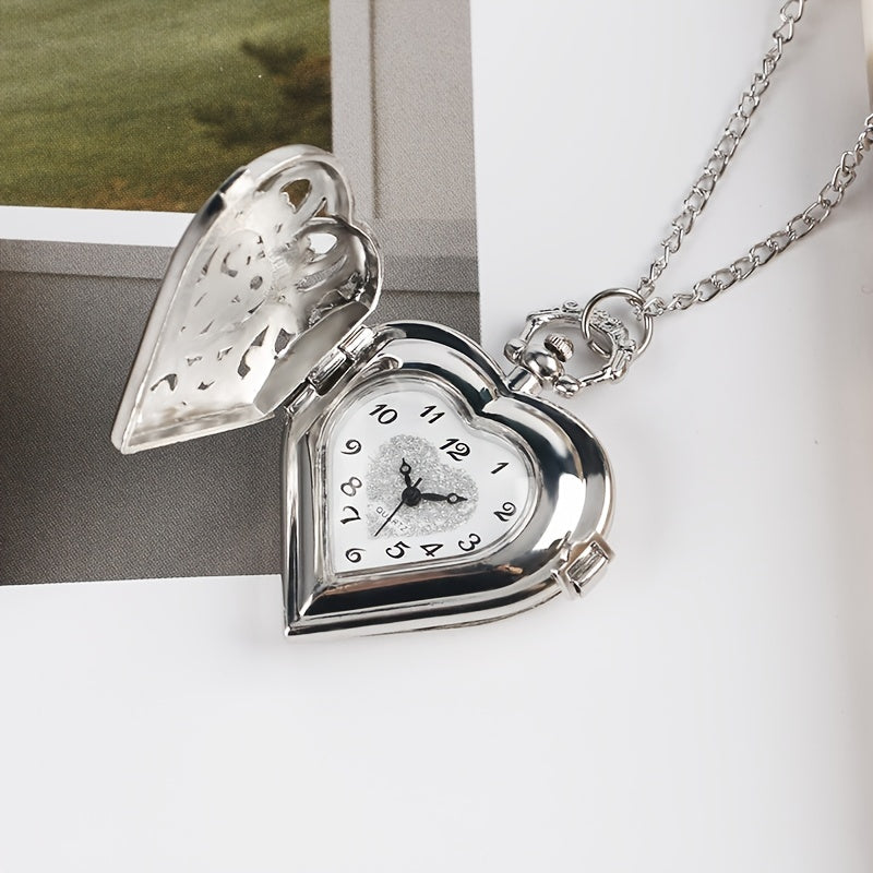 Heart Shaped Pocket Watch Necklace for Women Vintage – Romantic Hollow Quartz Pendant Sweater Chain Silver Tone Retro Jewelry, Perfect Mother's Day Valentine's Birthday Gift for Her