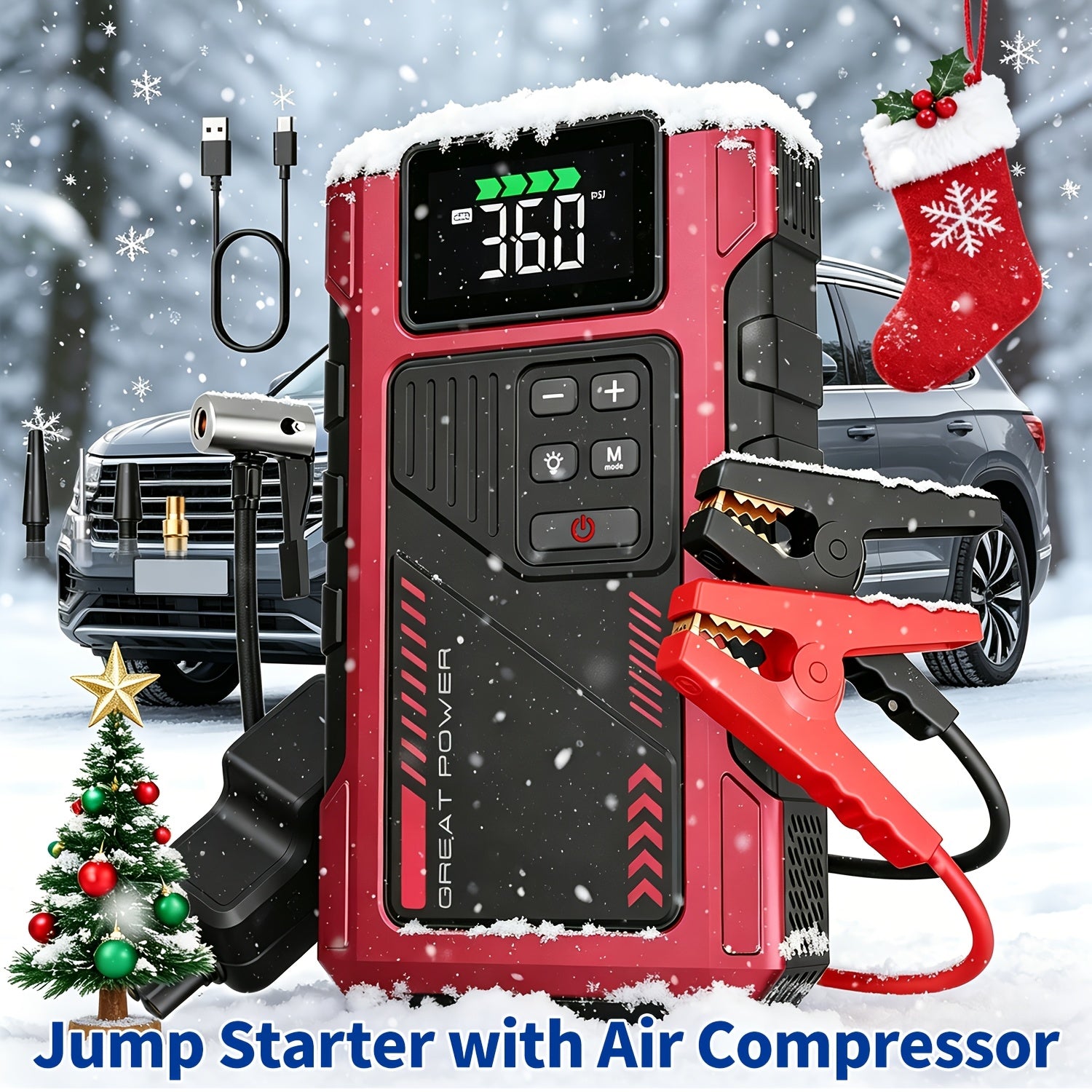 9 in 1 Portable Jump Starter with Air Compressor for 12V Cars Up to 8.0L Gas 6.5L Diesel Battery Booster Pack Tire Inflator USB Power Bank LED Emergency Light Safety Hammer Roadside Kit