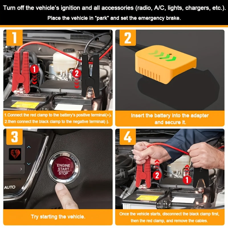 Dewalt Compatible Car Jump Starter Booster Cables with Adapter for Dewalt 20V Battery Portable Automotive Jumper Cables for Car Jump Starting Battery Not Included