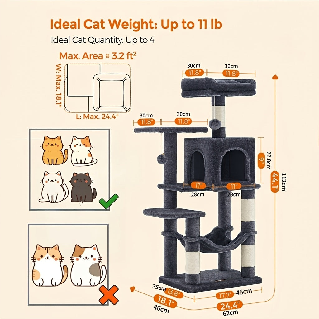 Cat Tree Tower 44 or 66 Inch Multi-Level Hammock Cozy Cave 4 Sisal Posts 2 Perches Anti-Tilt 10-Min Assembly Indoor Cats Kittens Multi-Cat Dark Gray Light Gray White Beige