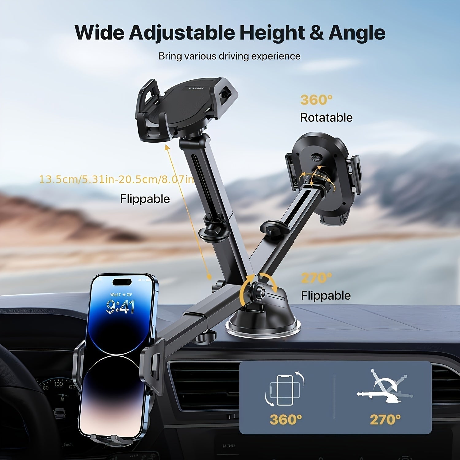 3-in-1 Car Phone Mount – Super Suction Dashboard & Air Vent Holder with Telescopic Arm, Adjustable Cradle & Quick Release for All Phones, Durable Metal Hooks