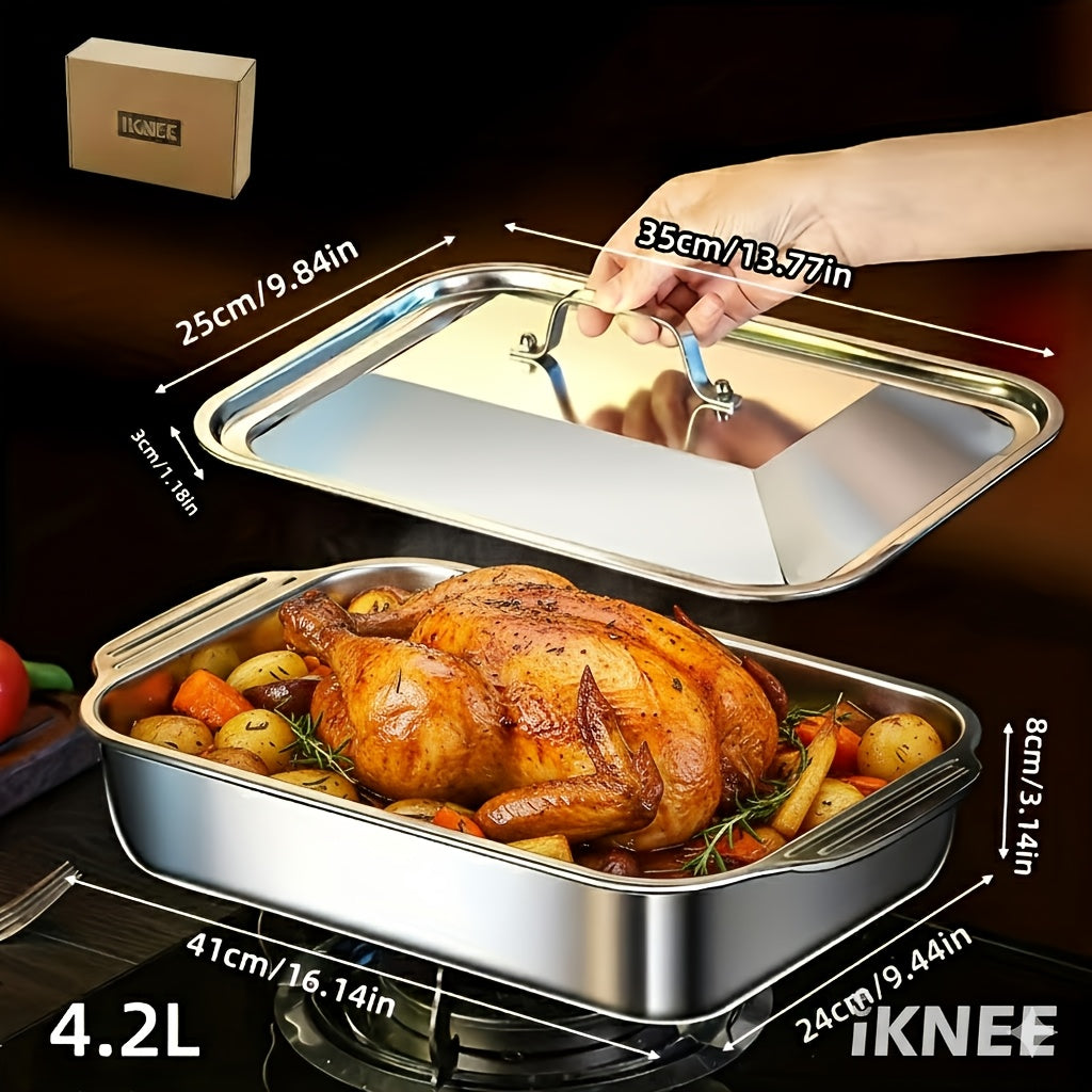 Stainless Steel Baking Pan Set 4-Piece Deep Roasting Pans with Lids Handles 6-Liter 16-Inch Rectangular Baking Dish for Turkey Lasagna Fish Chicken Dishwasher Safe Oven Safe