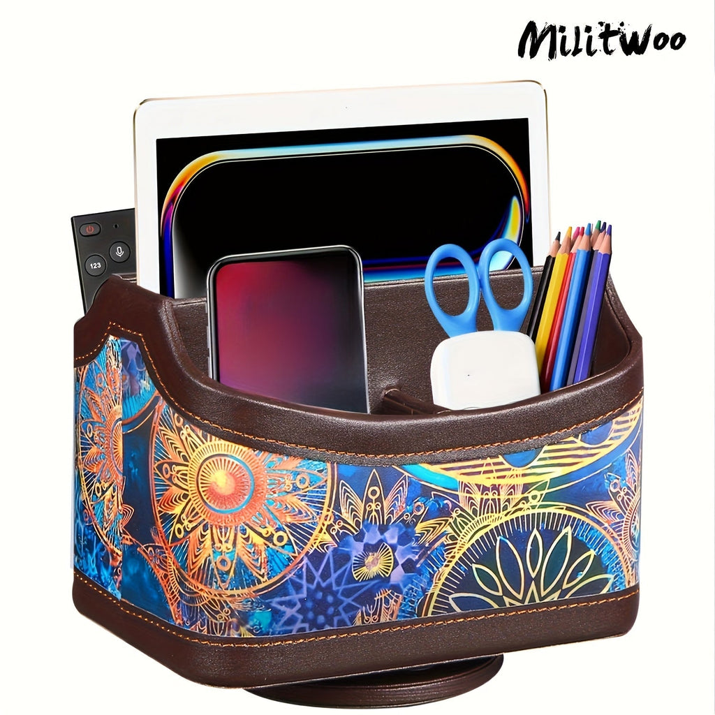360 Swivel Remote Control Holder 5-Compartment PU Leather Desk Organizer for TV Remotes Phones Eyeglasses Pens Rotating Desktop Storage Caddy