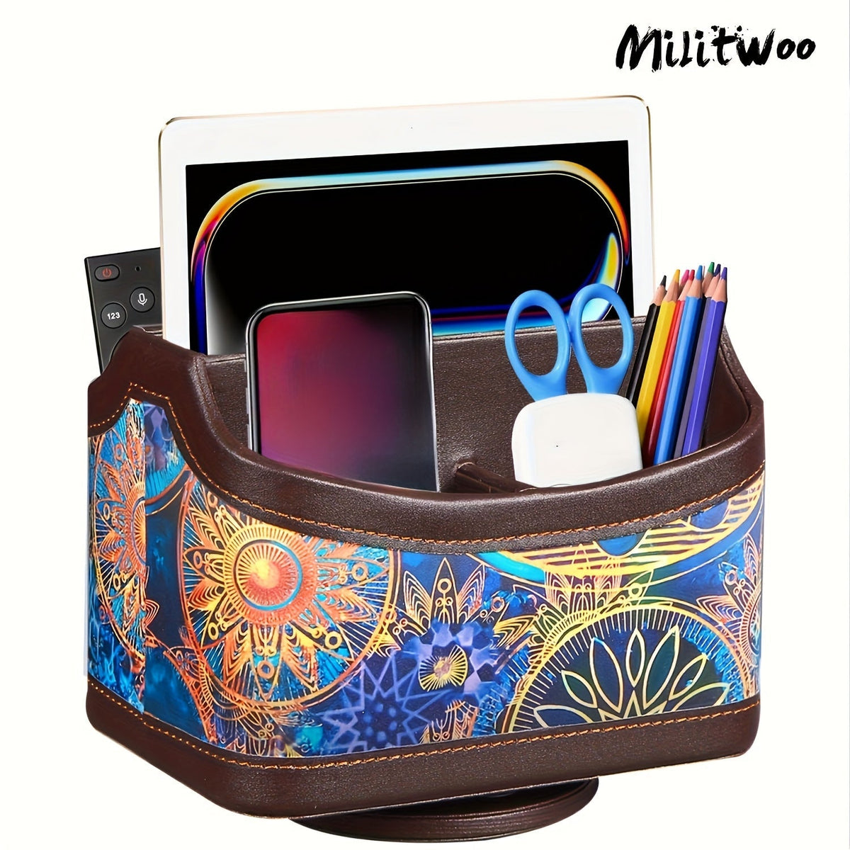 360 Swivel Remote Control Holder 5-Compartment PU Leather Desk Organizer for TV Remotes Phones Eyeglasses Pens Rotating Desktop Storage Caddy