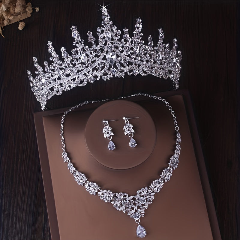 Bridal Jewelry Set 3 Pieces Silver Plated Crown Necklace & Earrings – Wedding Tiara Set for Bride Bridesmaid Prom Queen Birthday Banquet Quinceanera June Birthstone Gift for Women
