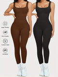 2-Pack Women's Sleeveless Square Neck Long Jumpsuit - 90% Nylon Thick Stretchy Impermeable Activewear Bodysuit for Yoga Pilates Running Fitness, Washable One-Piece Workout Suit Sizes S-XL